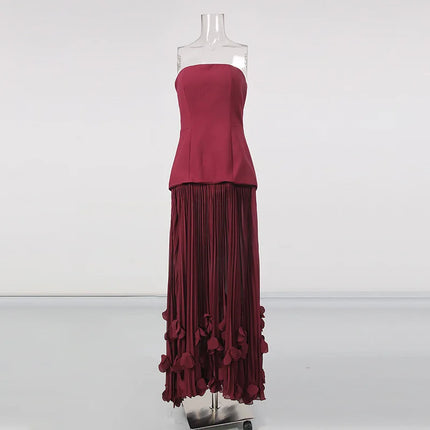 Elegant Banquet Strapless Maxi Dress 3D Floral Pleated Train Hem Waist Tie Solid Gown Luxury Flowy Sleeveless Gala Party Outfit