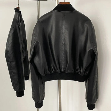 Autumn and winter new leather solid color short coat retro style short zipper cardigan casual all match leather jacket female