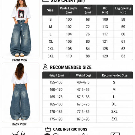Women's Asymmetric Button Front Baggy Jeans, High Waist Vintage Washed Wide Leg Denim Pants Y2K Streetwear Loose Barrel Jeans for Daily Wear