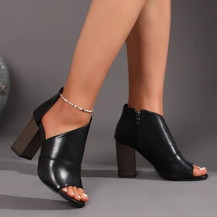 Women's Round Toe Open Toe Zipper Non-Slip Wear-Resistant Sandals Block Heel Side Empty Heels