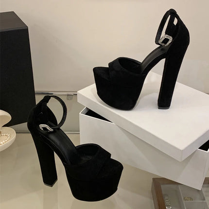 Liyke Model Show Sexy Extreme High Heels Chunky Platform Sandals Women Fashion Crystal Buckle Peep Toe Stripper Pole Dance Shoes