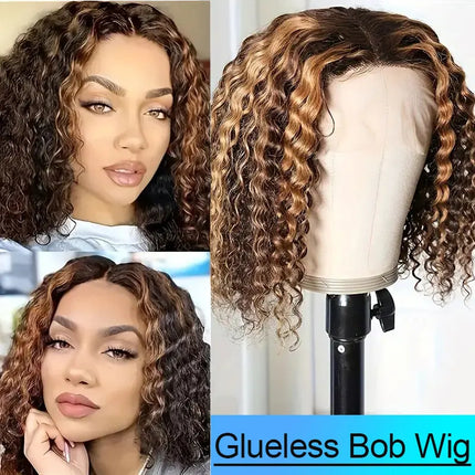 16 Inch Highlight Ombre Curly Bob Glueless Wig Human Hair Ready To Wear 250% Density 4x4 Deep Wave Lace Front Wigs Human Hair Colored Wig For Women