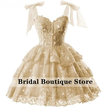 Sparkly Tiered Lace Tulle Homecoming Dresses Short Bow Straps Formal Prom Gowns Sweet 16