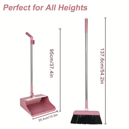 Pink 3 in 1 Broom Dustpan Set Foldable with Comb Adjustable Handle for Pet Hair Floor Cleaning