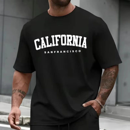 Men's Summer Round-Neck Casual Relaxed-Fit Short-Sleeve T-Shirt with California Letter Print Comfortable Short-Sleeve Top