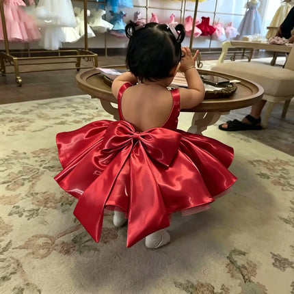 Wedding Mini Flower Girl Dress 2026 Satin Sleeveless Backless Bow Short Tutu Dress Baby Princess Dress Formal Party Dress Custom