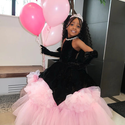 Black & Pink Girl's Birthday Party Dresses Customized Flower Girl Dress for wedding Princess Baby Kids Pageant Gown