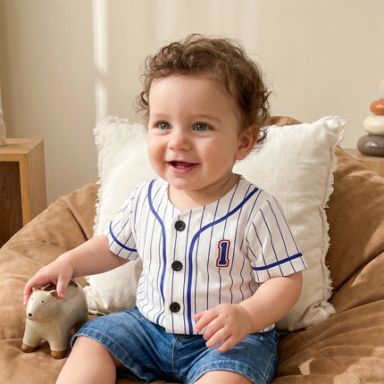 Baby Clothing Boy 1st Birthday Outfit Letter Stripe Button up Short Sleeve Baseball Jersey for Toddler Baby Summer Clothes