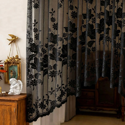 1 black lace arched curtain, French romantic transparent curtain, European retro bohemian style partition curtain