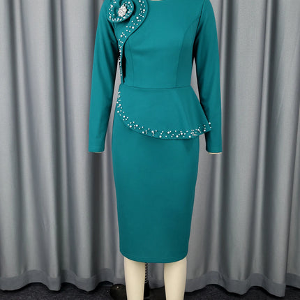 Elegant Church Dresses Long Sleeves 3D Flower Beading Women Peplum O Neck Long Sleeves Midi Evening Party Wedding Guest Autum
