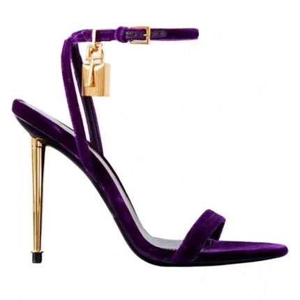 Buckle Strap Solid Color Key Lock Decoration Women Sandals Fashion Show Pointed Toe Ladies Shoes Golden Stiletto Sandals Women