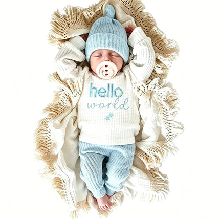 Newborn Baby 3Pcs Outfit Set ‘Hello World" Embroidery Waffle Knit Long Sleeve Top Pants Hat Infant Coming Home Clothes 0-3M