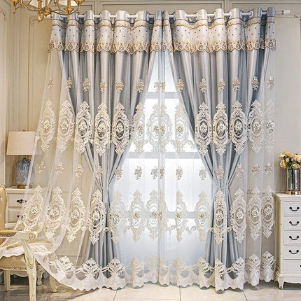 European Luxury Embroidered Floral Curtain Loop Top Thick Blackout Curtains for Living Room Home Decorative Drapes