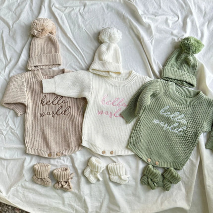 Baby Outfit Hello World Knitting Newborn Photography Romper Hat Baby Sweater Photo Shooting