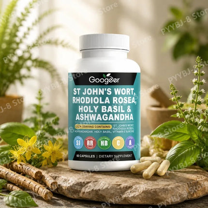 Googeer Rhodiola Rosea Capsule with St John's Wort  Ashwagandha and Holy Basil Extracts Mood Support for Women and Men 60 Caps