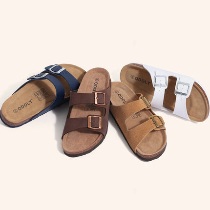 Shevalues Men Classic Leather Sandals Fashion Double Outdoor Beach Shoes Comfort Unisex Cork Footbed Slippers With Arch Support