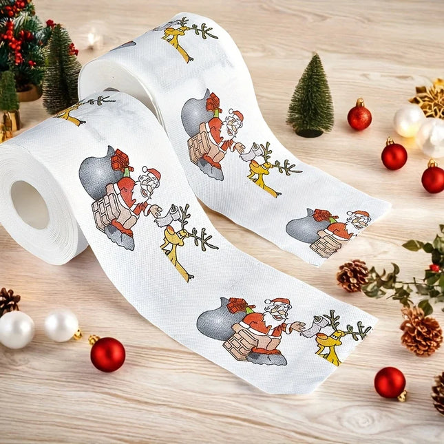 1 Roll Christmas Themed Toilet Paper Santa Reindeer Sleigh Print Dye‑Free Wood Pulp Festive Bathroom Tissue for Home Office RV X