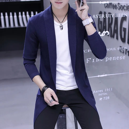 Hot Sale Sweater Men's Long Knit Sweater Jackets Solid Color Sweatercoat