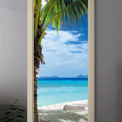 Beach Sunset Door Sticker, 3D Ocean Scenery PVC Waterproof Self-adhesive Mural, Removable Home Decor