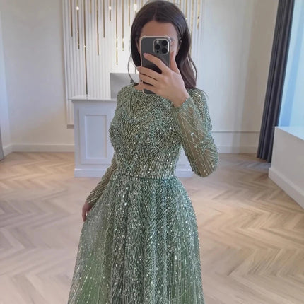 Mina Customized Beads Luxurious Women's Evening Dresses for Formal Occasions Sequins. Long Sleeves Round Neck Luxury Party Dress