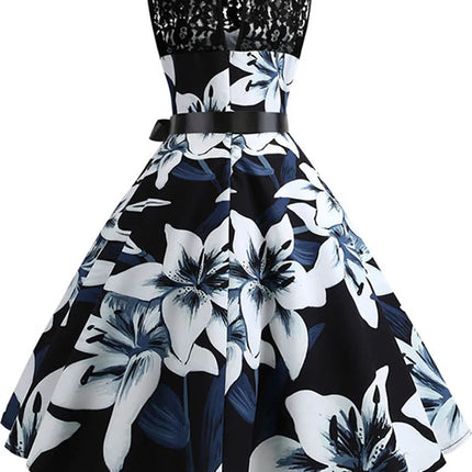 Floral Print Vintage Women Summer A Line Lace Party Dresses Robe Tunic Casual Office Ladies Dress