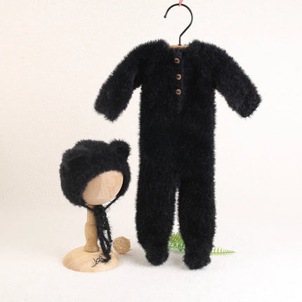 Newborn Knitted Angola Fuzzy Romper Baby Animal Outfit Photography Props Baby Cartoon Wolf Footed Overall Sets Photo Props