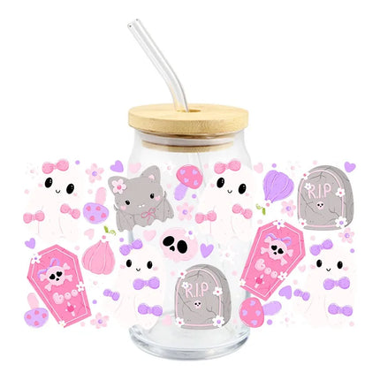 Halloween UV DTF 3D Ghost Design Transfer Sticker Wraps Cup Libbey Glass Cup 16 oz Waterproof Decals DIY Cartoon