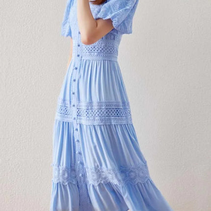 Short puff sleeve dresses Women 2025 Summer Solid V-neck Lace embroidery dress Patchwork Elegant 4D068