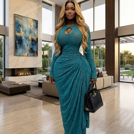 CM.YAYA Women O-neck Ribbon Ruched Long Sleeve Bodycon Maxi Long Dress 2026 Summer Sexy Birthday Party Vacation Trendy Dresses
