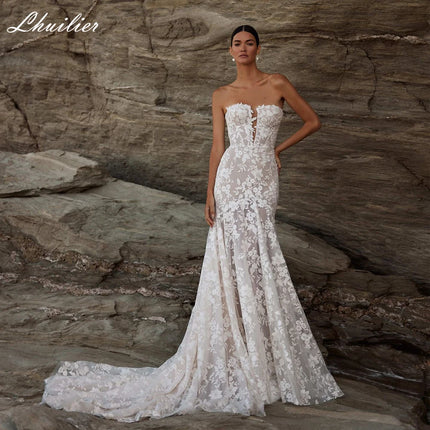 Lhuillier Customized Strapless Lace Mermaid Wedding Dresses Sleeveless Beaded Bridal Dress with Chapel Train