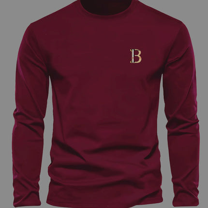 Men's 100% pure cotton loose and fashionable letter pattern printed sports and leisure round neck long sleeved T-shirt