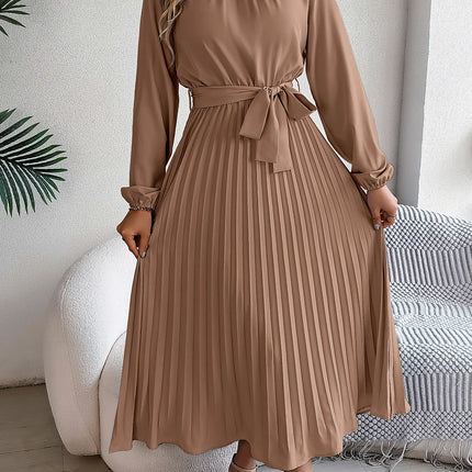 2025 Elegant Long Sleeve Fashion Dresses New Spring Women Belts Pleated Casual Solid Long Dress Casual A-Line Party Maxi Dresses