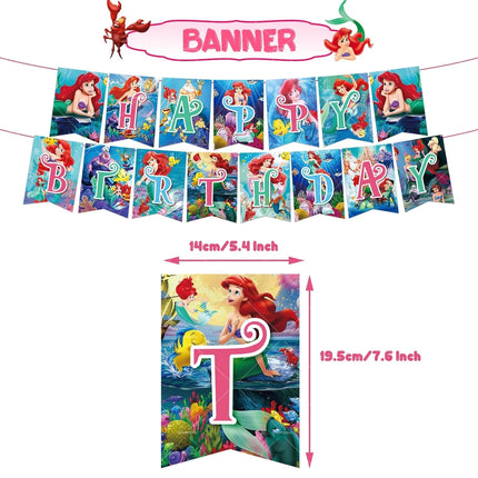 Mermaid Balloons The Little Princess Happy Birthday Banner Party Decoration Disposable Tableware Cake Topper Background Stickers