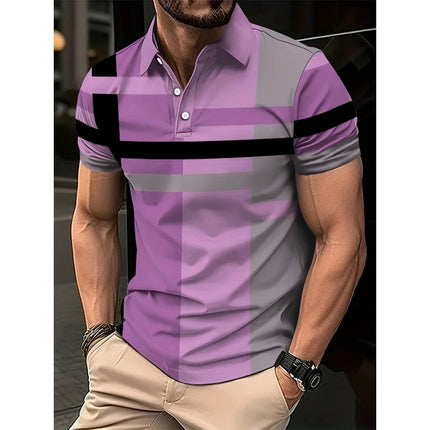 Summer men's golf striped pattern polo short-sleeved polo shirt collar shirt business casual outdoor 3d printed geometric polo