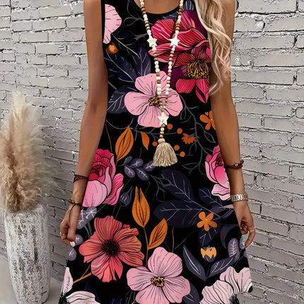2026 New Elegant Black Floral Dress Women Sleeveless Slim Fit Sundress Stylish Flower Print Office Lady Casual daily Dresses