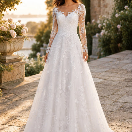 Elegant Lace Appliqué A-Line Wedding Dress for Women Long Sleeve Illusion V Neck Tulle Ball Gown with Pockets Floor Length Formal Evening Prom Dress