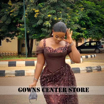 Fabulous Brown Lace Evening Dresses African Traditional Wedding Bride Dress Luxury Beads Lace Birthday Dress Asoebi Costomized