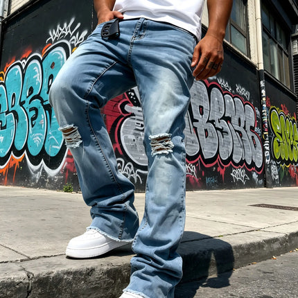 HME Men's Light Blue Denim Pants, Distressed Flared Jeans with Knee Rips & Frayed Hem for Streetwear