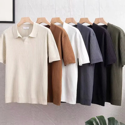 2026 Summer Breathable Knitted Short Sleeve polos homme Casual Business Striped Lapel Polo T-shirts Men's Y2K Vintage Tee Tops