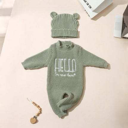 Ylsteed "Hello" Embroidery Knitting Newborn Birth Announcement Outfits Baby Bear Ears Photography Jumpsuit Infant Photo Props