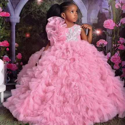 Customized Rose Pink Flower Girl Dresses Tulle Puffy White Embroidery Sleeveless For Wedding Birthday Prom Holy Communion Gowns