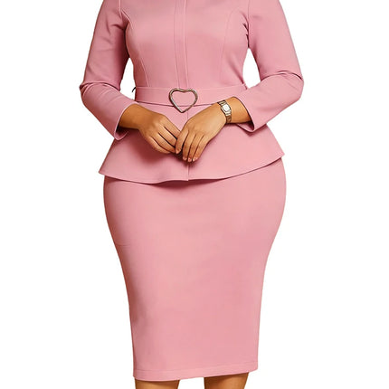 Mlaiscsr African Women Formal Office Work Mid Dress with Belt Evening Club O Neck Long Sleeve High Waist Pencil Bodycon Vestidos