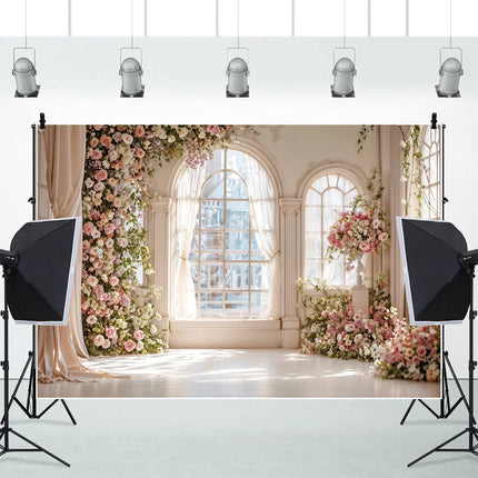 European Castle Window Wedding Backdrop Elegant Pink Rose Floral Arched Wall Photography Background for Birthday Party Decor