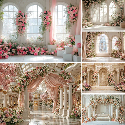European Castle Window Wedding Backdrop Elegant Pink Rose Floral Arched Wall Photography Background for Birthday Party Decor