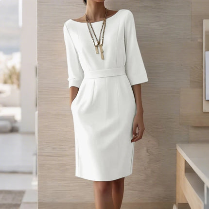 ZANZEA Fashion Solid Party Dresses Women 3/4 Sleeve Elegant Robe 2025 Casual O-Neck Collect Waist Knee-Length Office OL Vestidos