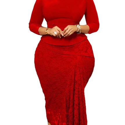 Patchwork Lace Hem Dresses Women Elegant Spring Wear Ladies Vintage Dress High Waist Slim Fitting Dress Wholesale Dropshipping