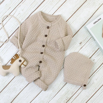 Unisex Baby Cotton Knit Romper with Hat for Fall & Winter Boys & Girls Solid Bodysuit Halloween Outward Long Sleeve Jumpsuit
