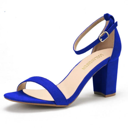 LOSLANDIFEN Women High Heels Sandals Women New Summer Shoes Woman Fashion Buckle Strap Square Heel Flock White Open Toe Sandals