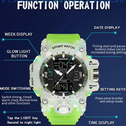 SANDA Dual Display Men Watches Waterproof Sports Watch Military Man Alarm Stopwatch Quartz Wristwatch Male LED Digital Clock6126