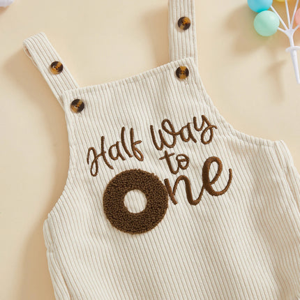 Baby Boy 1/2 Birthday Outfit Sleeveless Corduroy Overalls Half Way to One Cake Smash Romper for Half Birthday Party